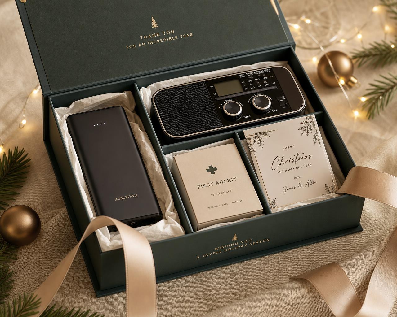Kerstpakket met eigen sleeve, logo-kaart en sticker naast een noodradio en powerbank