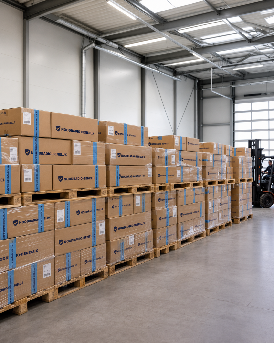 Magazijn met pallets vol noodradio's en noodpakketten voor zakelijke levering