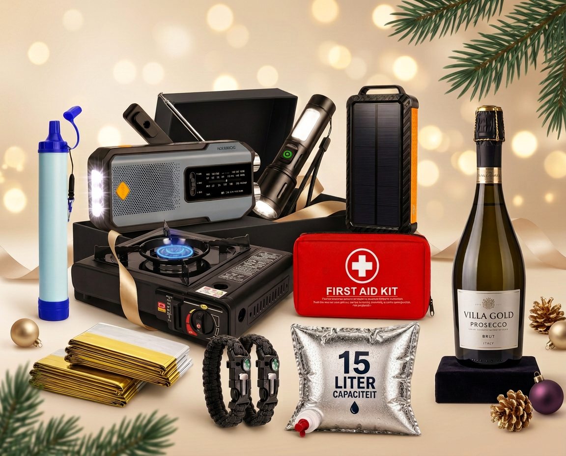 Luxe kerstpakket met noodradio, zaklamp, powerbank, EHBO-set, waterzak en een fles prosecco in een warme, feestelijke setting