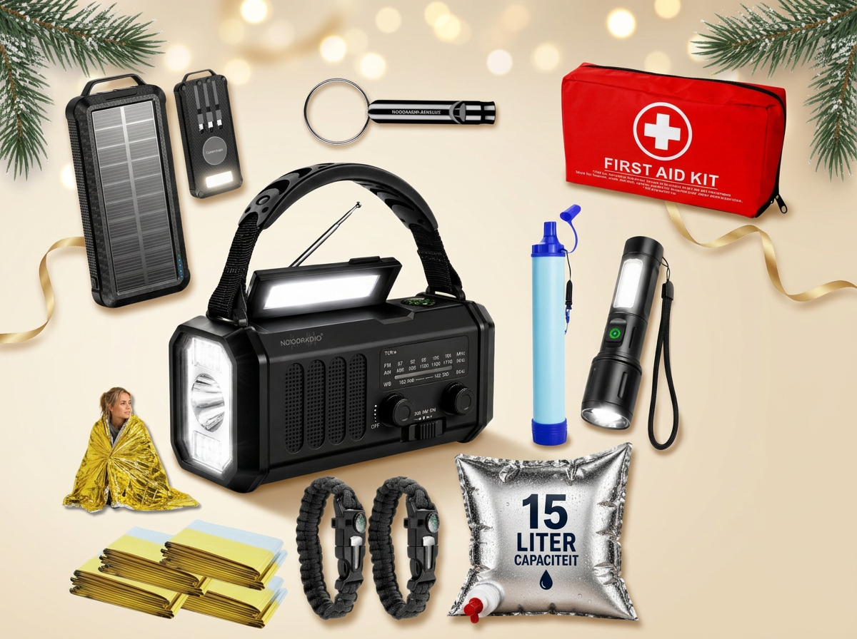 Compleet kerstpakket met noodradio met powerbank, zaklamp, EHBO-set, waterzak en nooddeken