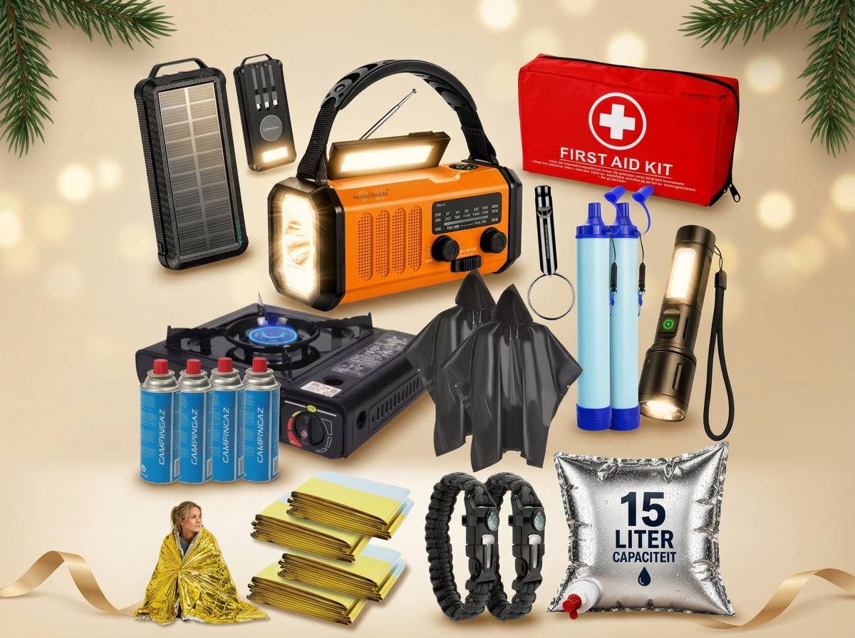 Premium maatwerk kerstpakket met premium noodradio, powerbank, zaklamp en luxe verpakking